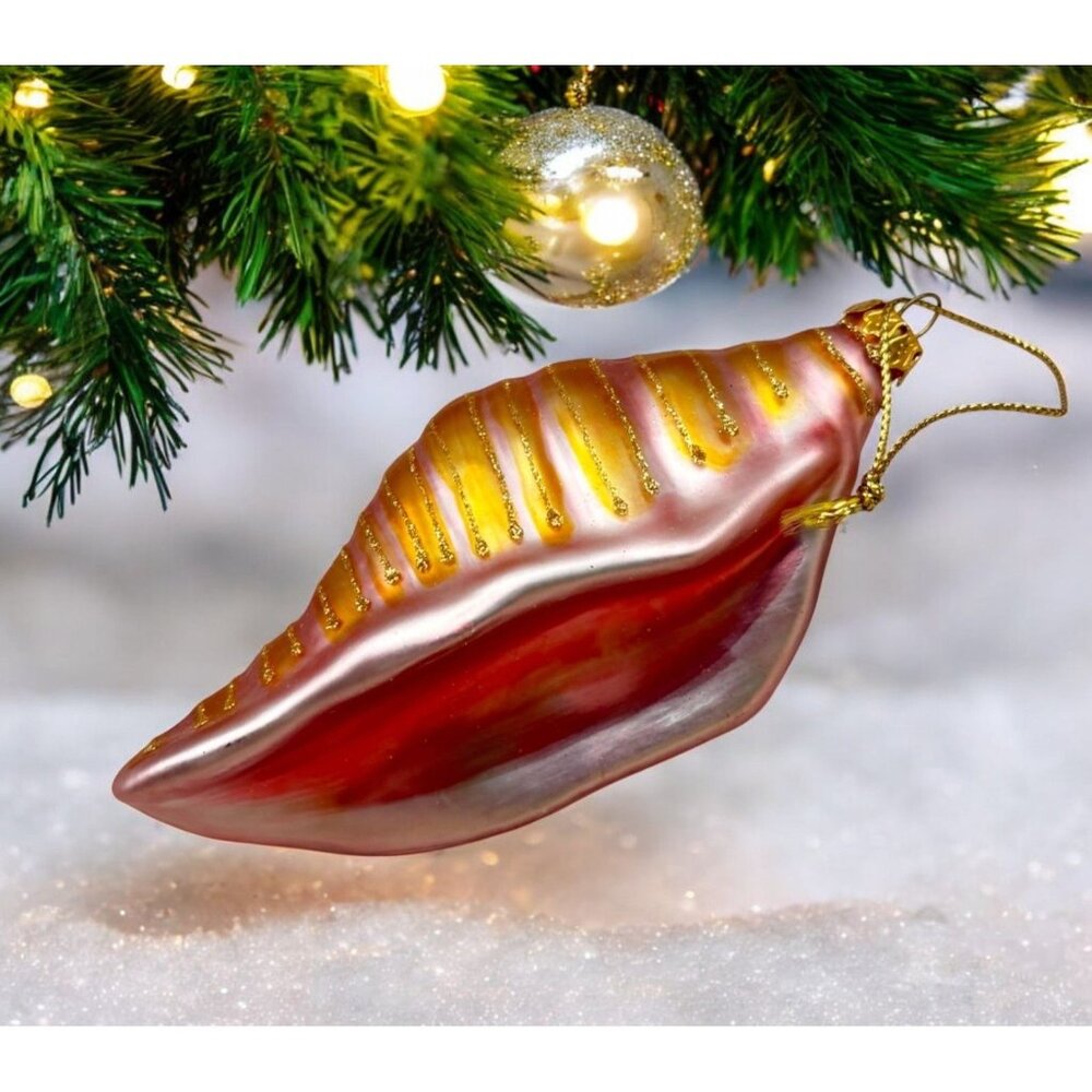Glass Conch Shell Christmas Tree Ornament Gold Pink with Glitter Stripes
